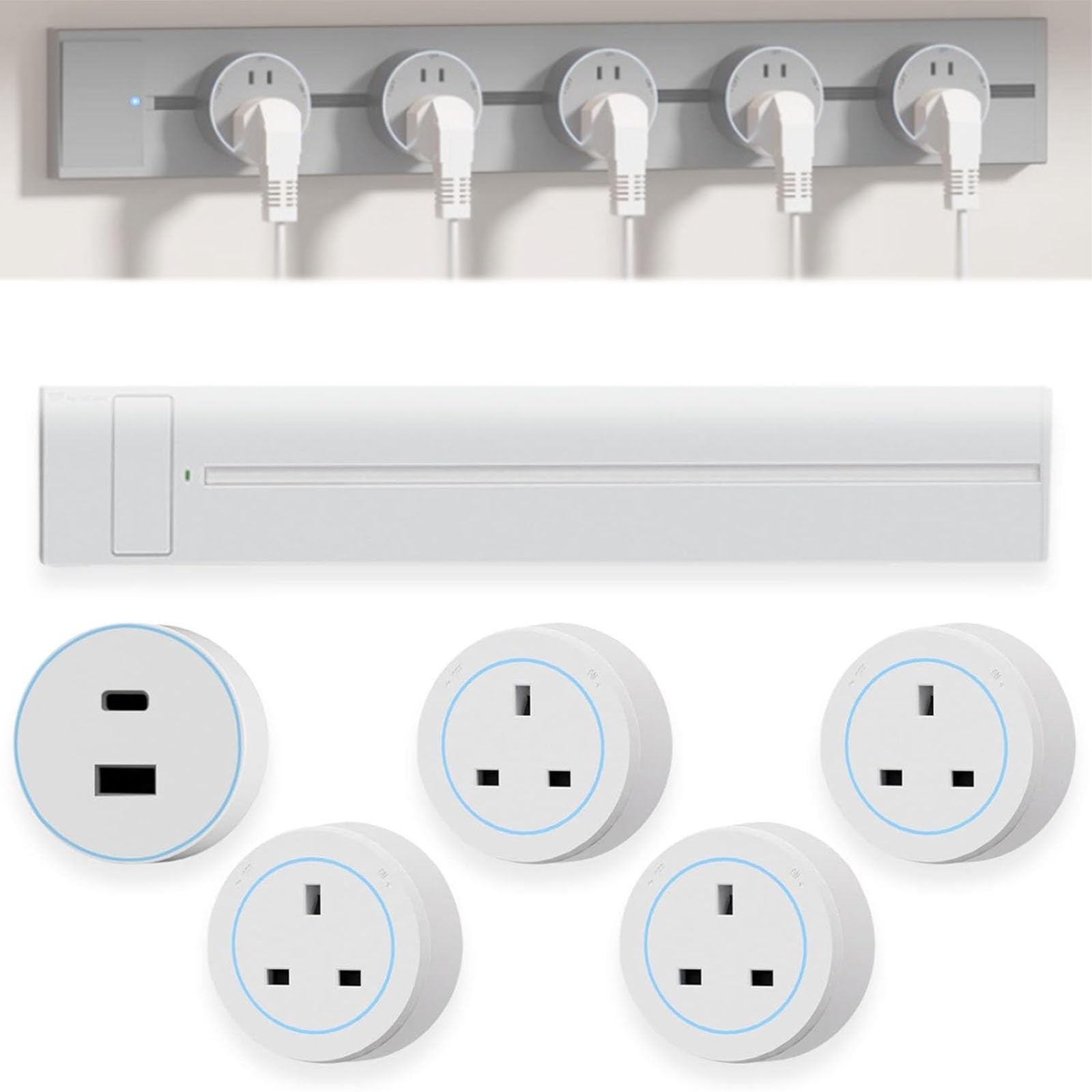 Power Track Socket, 8000W Wall-Mounted Slide Rail Wiring Board with 2500W Plug Adapters, Rotatable Movable Outlets, High Power for Kitchen Office Home(White,60cm)
