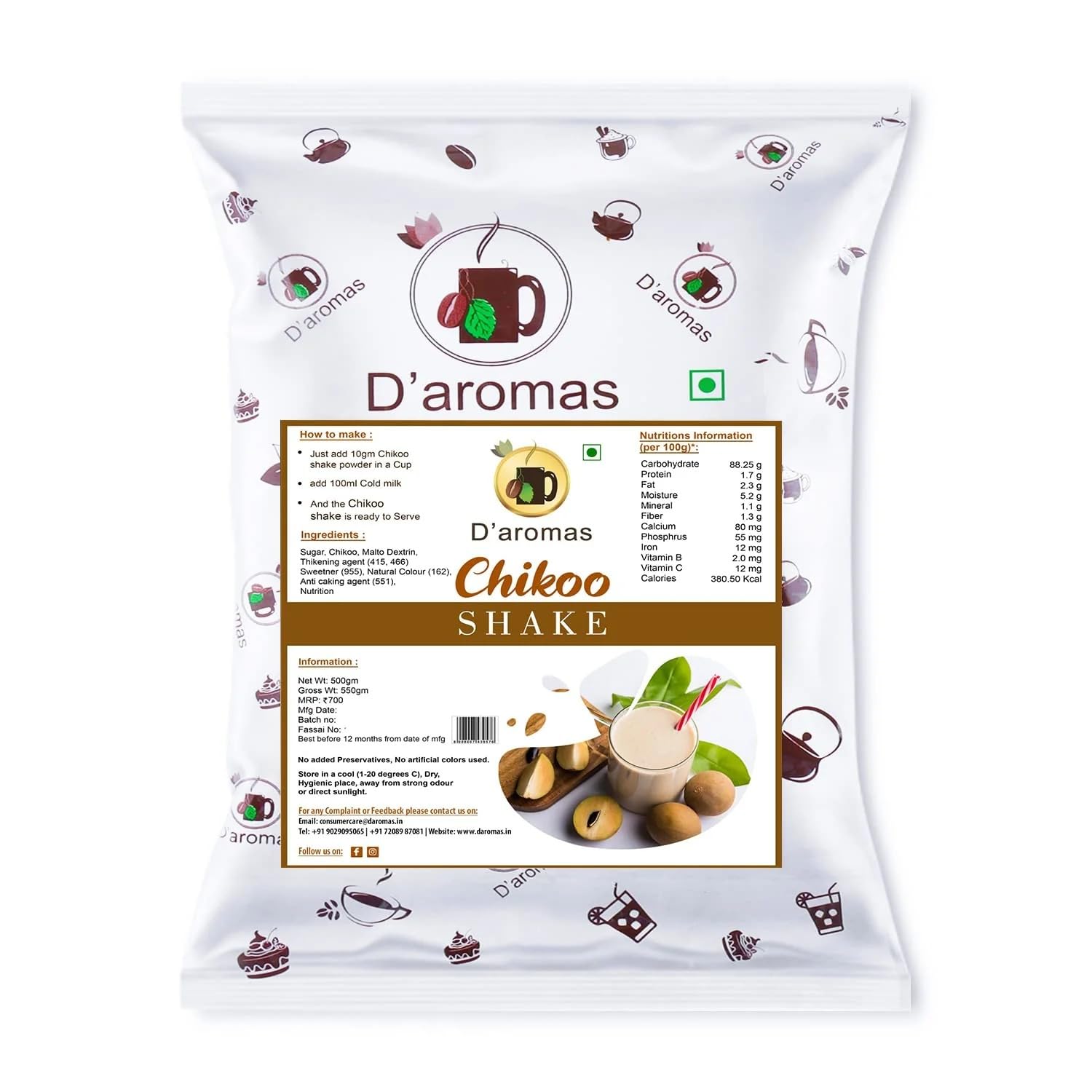 D'aromas Chikoo Shake Premix Powder 1.5kg, 100% Vegetarian Instant Delicious Milkshake, Ready Mix Powder Ideal For Home, Parties,Wedding, Cafe, Restaurant (Each 500gm) (Pack Of 3)-image-31