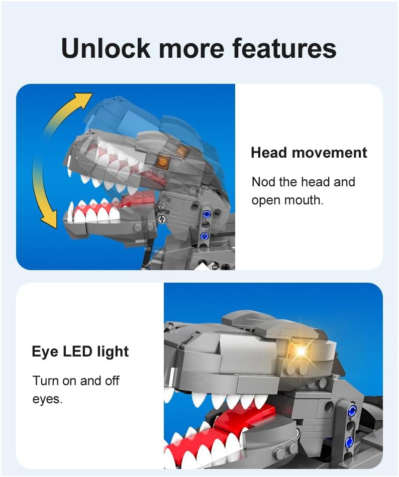 Diagram anu nunjukkeun gerakan sirah sareng fitur lampu LED panon tina CaDA T-Rex