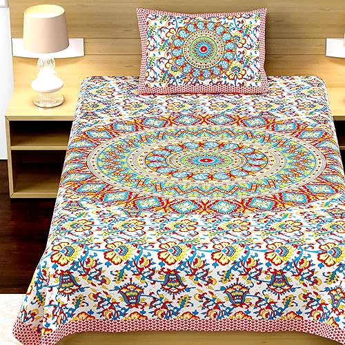 Image of RajasthaniKart Pure 100% Cotton Single Bed Sheet with 1 Pillow Cover (Bedsheet for Single Bed Cotton, Red Ghera)
