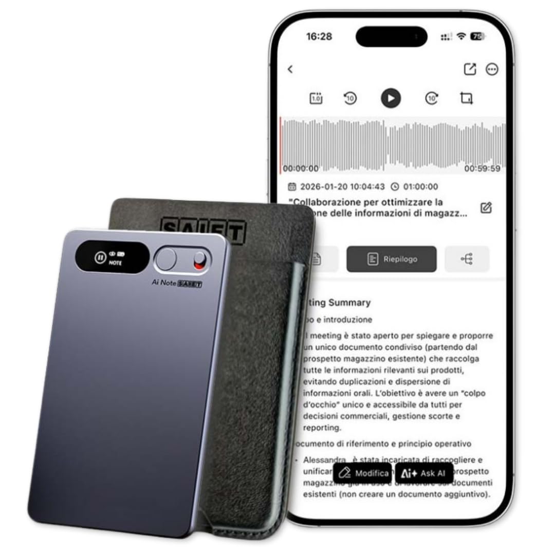 SAIET AI Note Registratore Vocale Magnetico Trascrizione in 81 Lingue, 64GB | Registratore Audio Ultrasottile, Autonomia 35 ore, Compatibile iOS e Android, Converti Audio in Testo con App gratuita Doway
