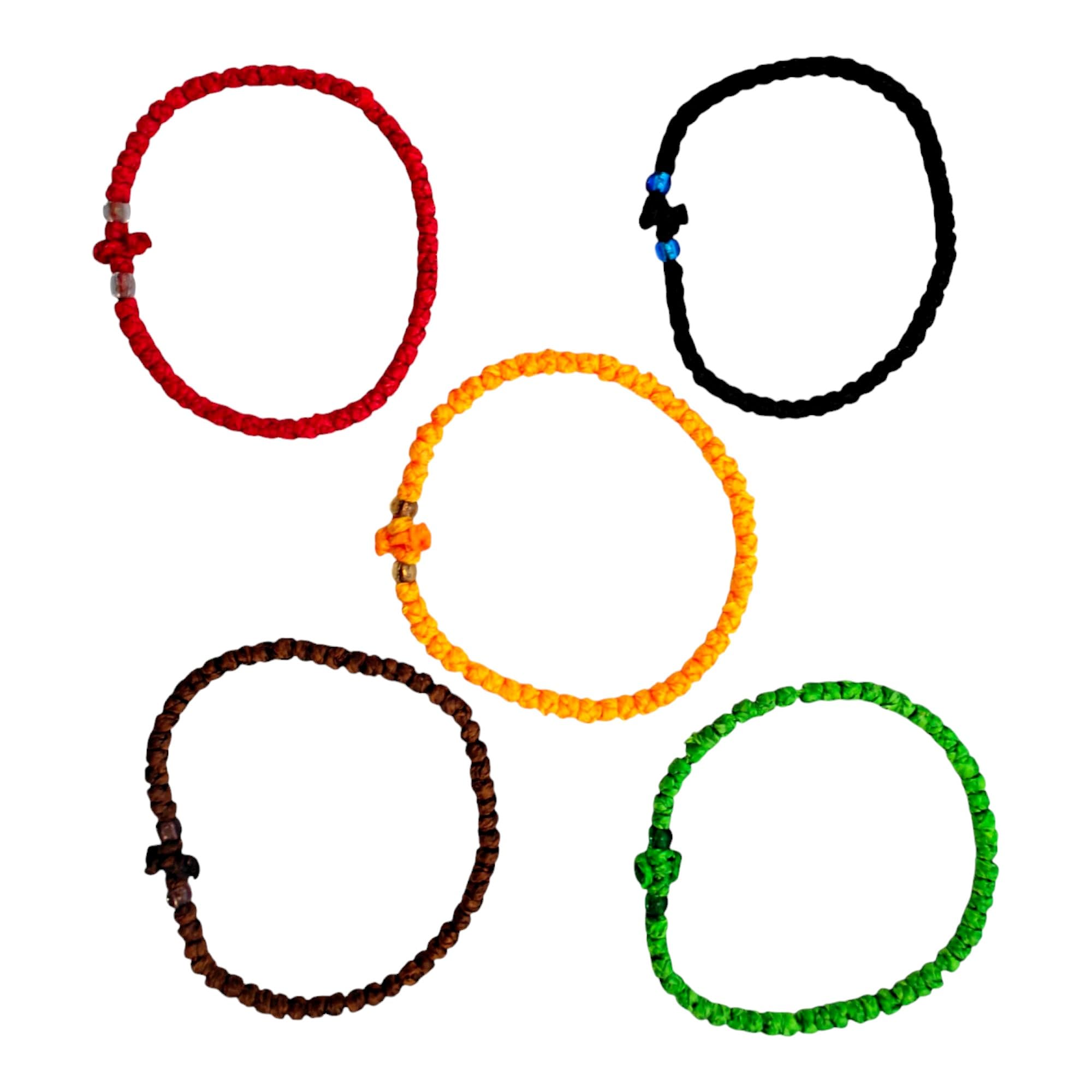 Iconsgr 5 x Hecho a mano Griego Ortodoxo Cristiano Cordón de oración Chotki, Komboskini, encerado, fino, con cruz del monte Athos (Grecia)