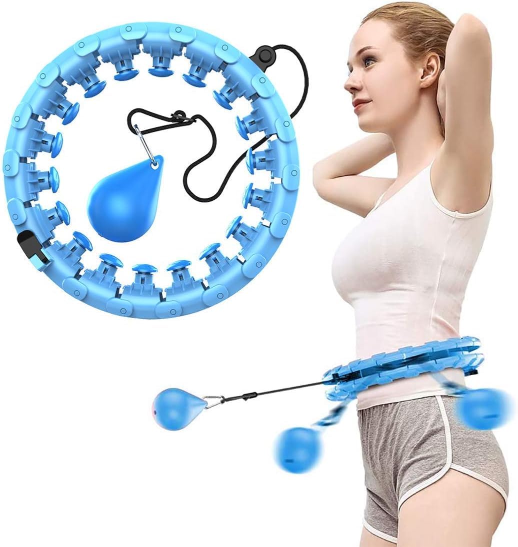 Deoxys Smart Weighted Hula Hoop for Adults, Weight Loss, Non-Fall Fitness Ring with 24 Detachable Knots, Adjustable Weight, Noiseless Auto-Spinning Ball, 2 in 1 Abdomen Fitness Massage…Blue-image-2