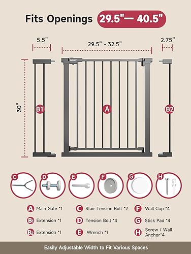 Miniatura 7 de Puerta de bebé de 29.5-40.5 pulgadas para escaleras, puerta para perros para puertas, puerta de seguridad de metal para bebés con cierre automático