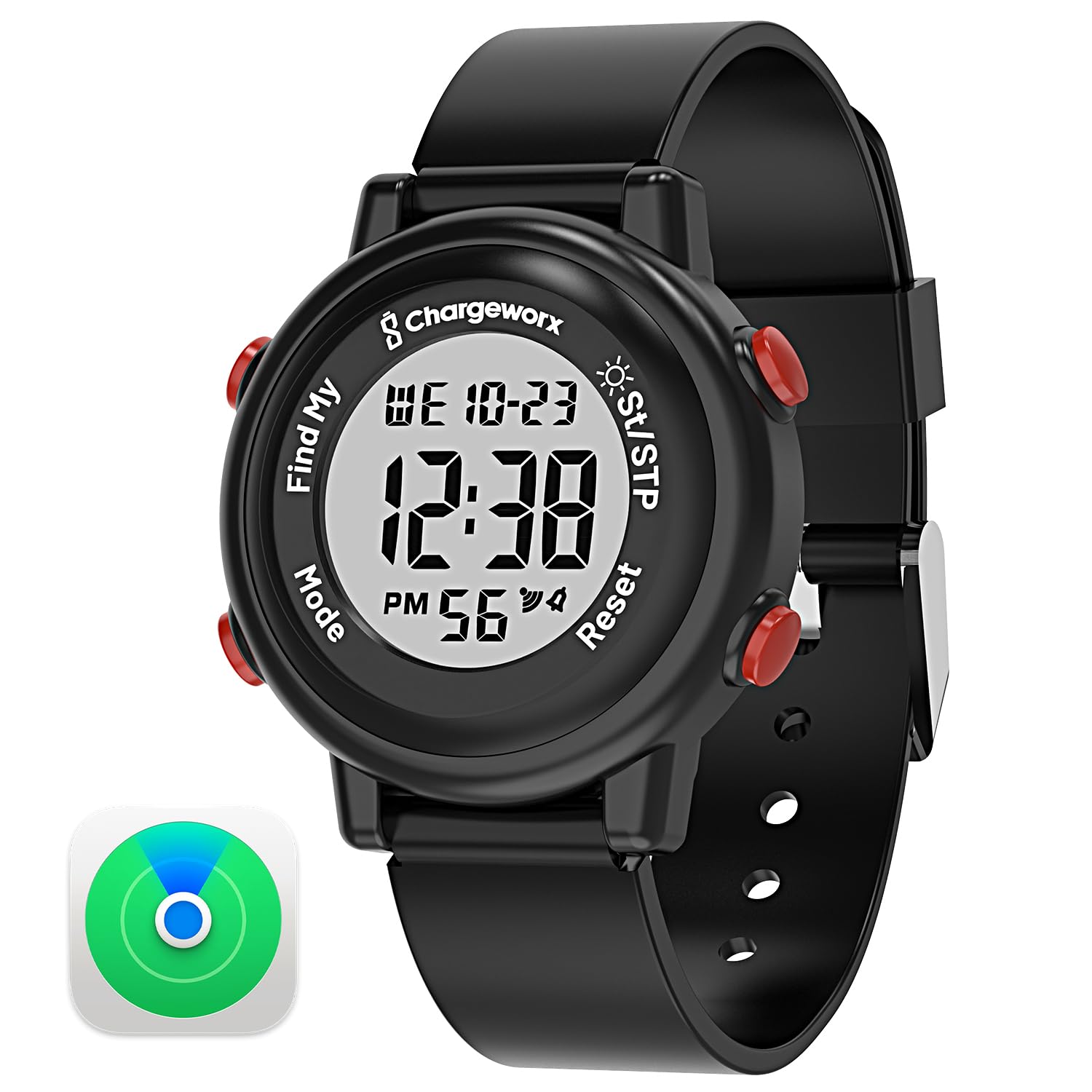 Chargeworx Orologio digitale per bambini con Apple Find My Tracker, alternativa allo smart watch per ragazzi e ragazze, orologio sportivo impermeabile con sveglia, cronometro e cinturino in morbido