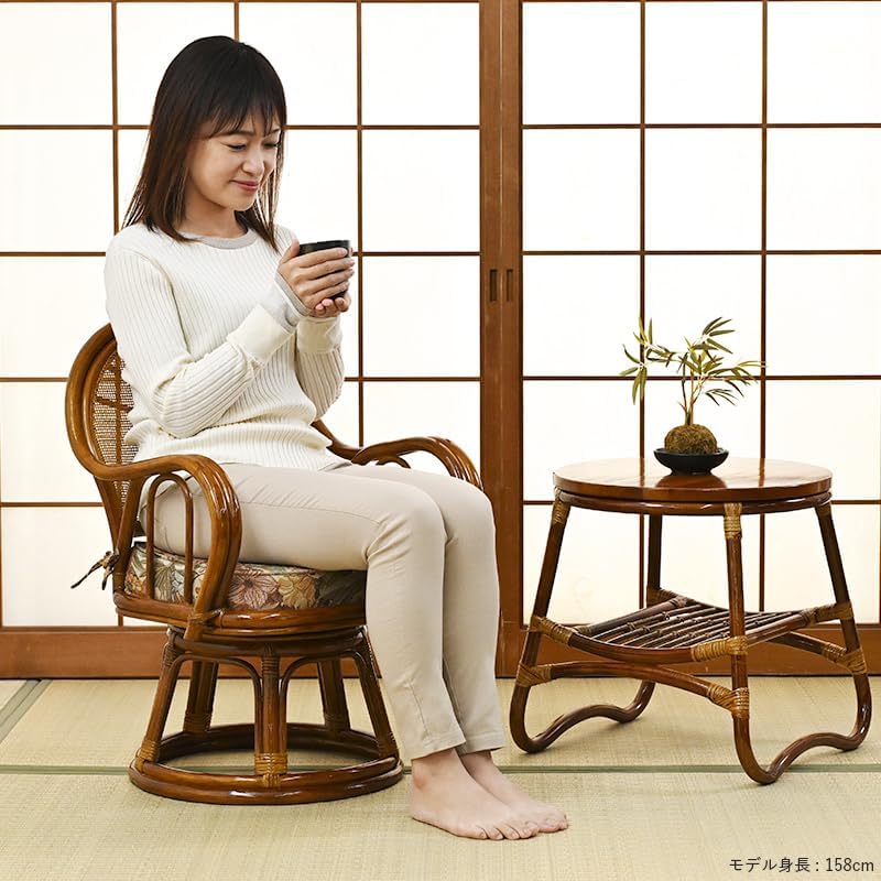 ラタン製 回転チェア 籐製高椅子 花柄 クッション付き （ミドルハイタイプ）【座面高36cm】 C743HRF