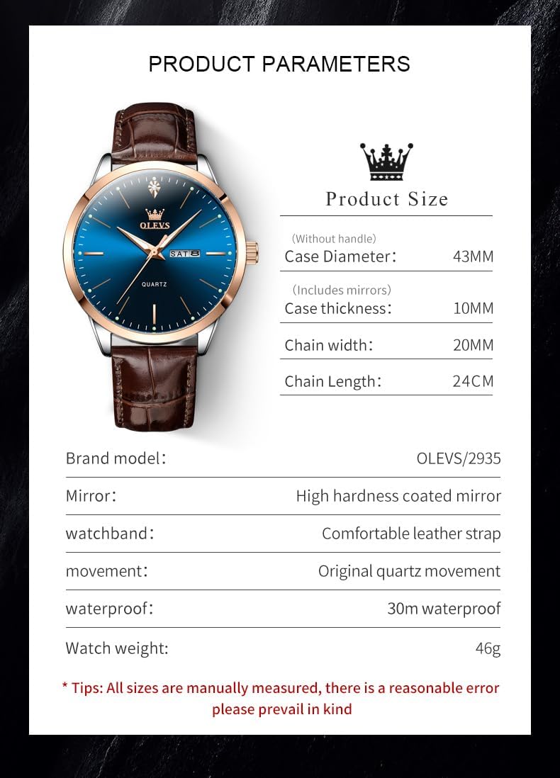 OLEVS Mens Watches, Dress Waterproof Classic Analog Casual Luxury Wrist Watch for Men with Date, Easy to Read Relojes para Hombres Male Quartz Wristwatch with Brown Black Leather Band Blue Black Dial - Image 6