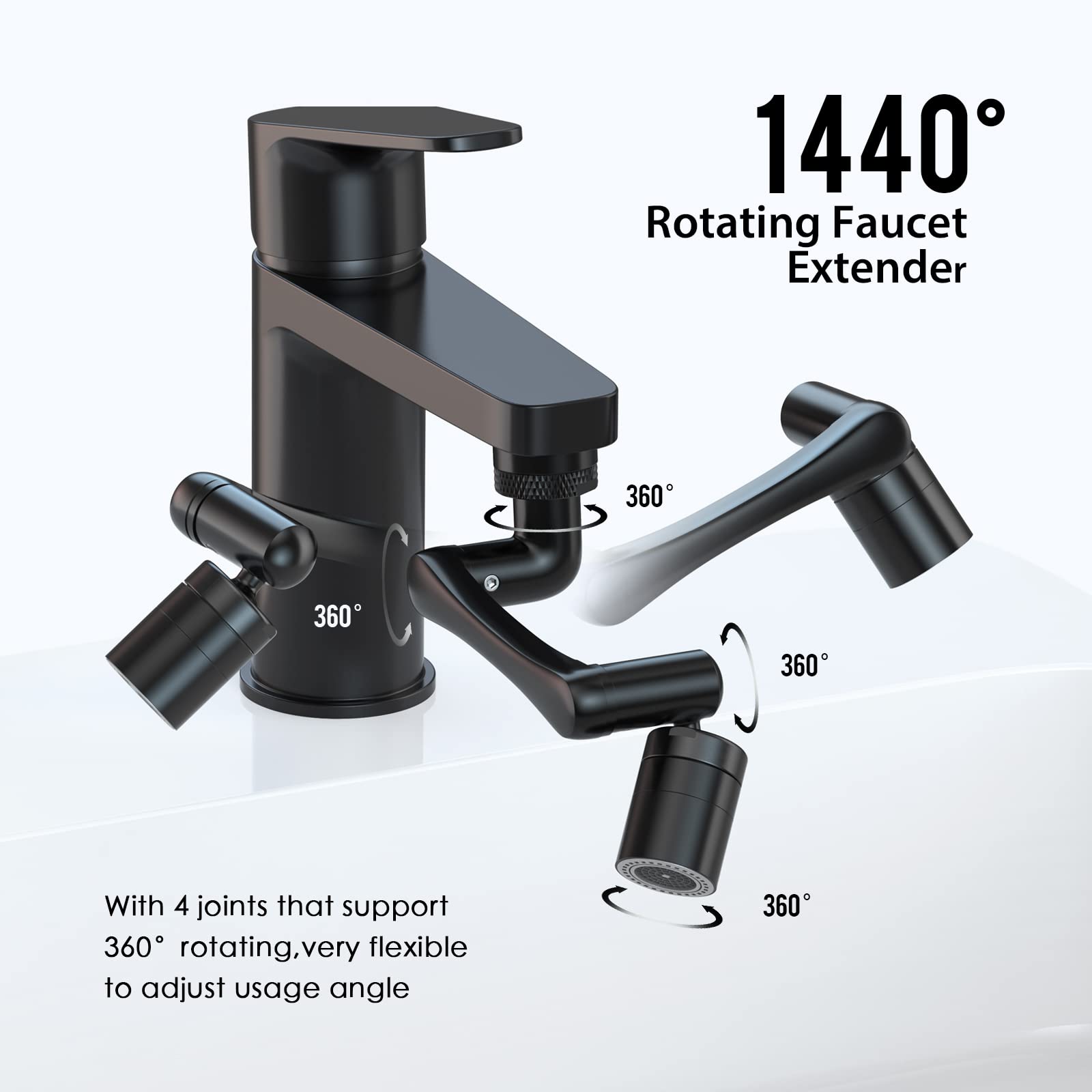 Rallonge de Robinet Pivotante à 1440°, Aoresac Robinet d'extension de bras Robotique, pour évier de Cuisine salle de Bain, 2 Modes de Pulvérisation, s'applique à M20 M22 M24 (Noir)