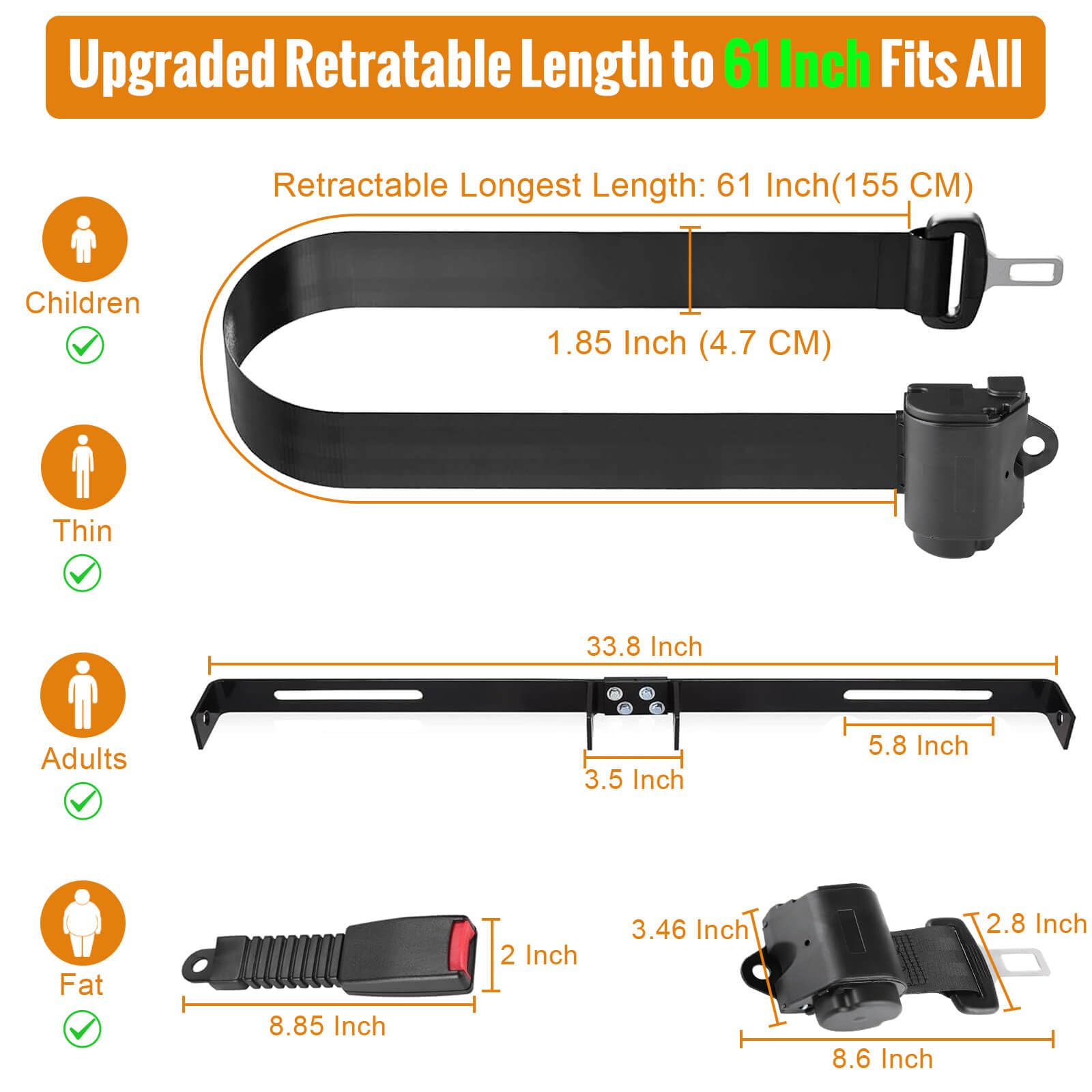 MOSNAI 61 Inch DOT Golf Car Seat Belt Kit for EZGO TXT Club Car DS Yamaha, Not Fit EZGO RXV, Club Car Precedent/Onward/Tempo and Yamaha G2, G9, G29 Drive, Drive 2