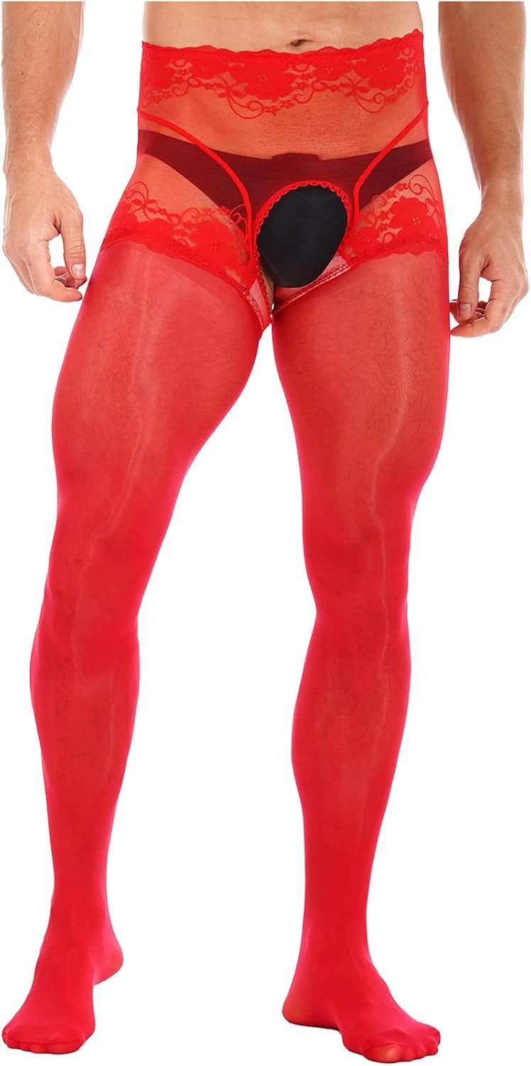 Men's Sheer Lace Oil Silk Pantyhose Leggings Hollow Out Stockings Tight Pants Underwear