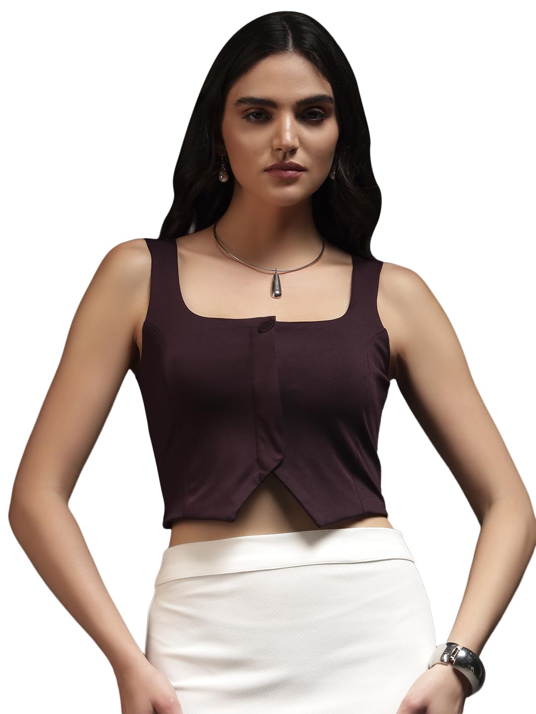 trend arrest.ed Women's Cropped Vest Top | Square Neck Single Button | Fitted Party Tank-picture-26