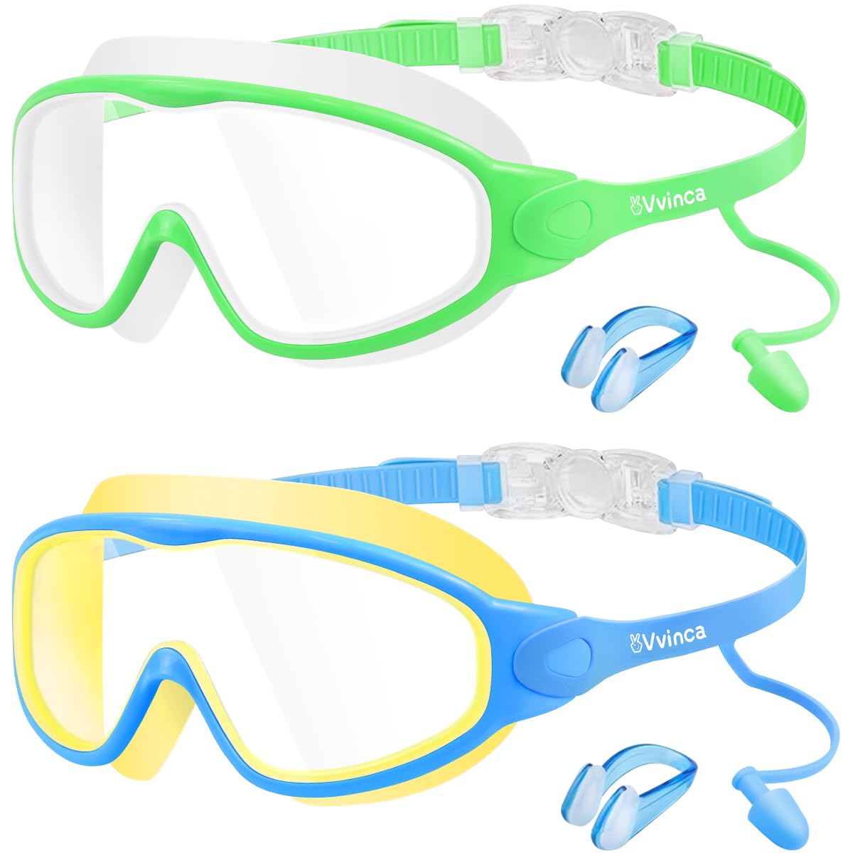 Kids Swim Goggles for 3-15, Kids Goggles with Earplugs& Nose Clip Wide View | 2 Pack Swimming Goggles Kids Toddlers No Hair Pull Anti Fog No Leak UV Protection Boys Girls Youth Pool Goggles Swim Mask