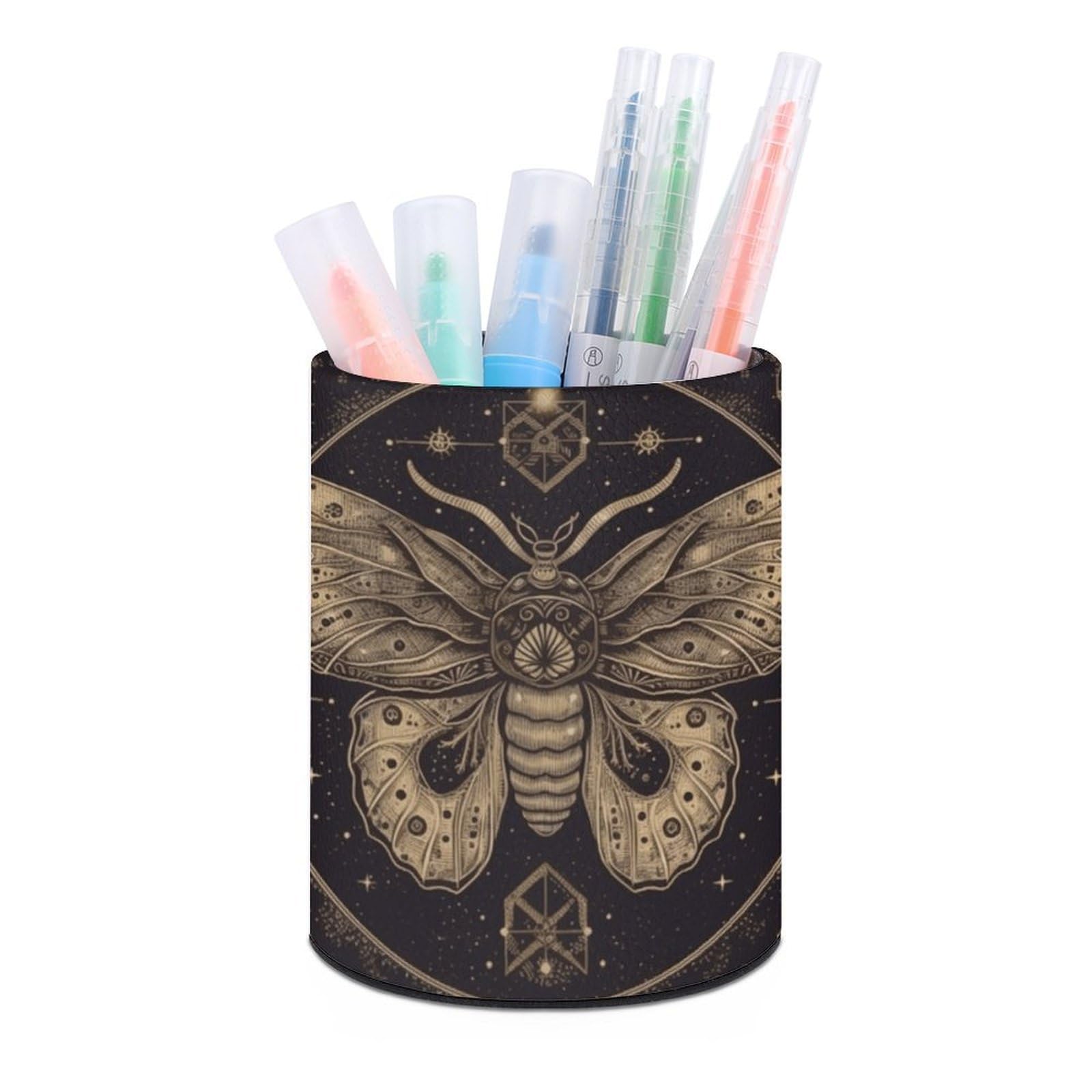 VstaDank Moth Pen Holder PU Leather Pencil Cup Minimalist Desk Pencil Holder Round Make Up Brush Organizers For Office Dorm Room&Vanity Desk Accessories