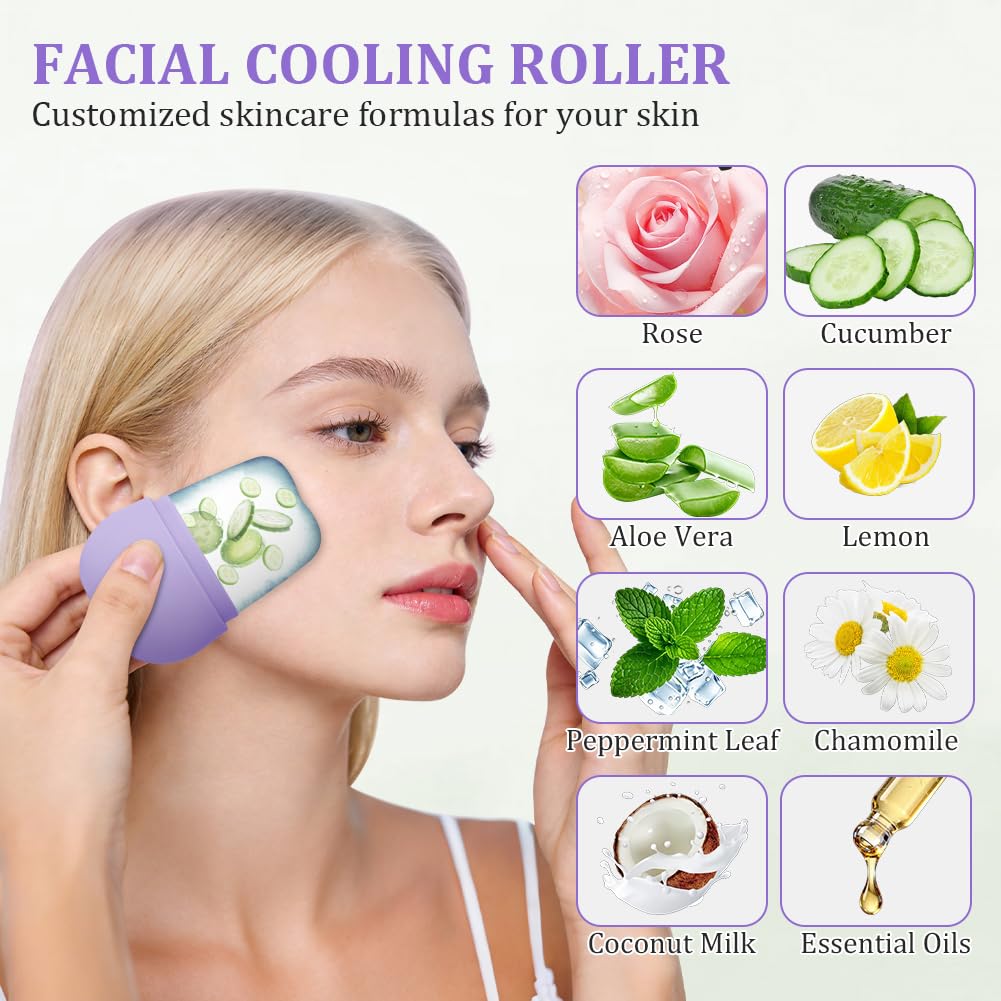 Beugo Ice Roller Facial, Hielo Cara Reutilizable de Silicona, Rodillo Masaje Facial Hielo, Ojo Masaje, Belleza facial Cuidado Para reduce la hinchazón, Ojeras, Reafirmar la Piel, Morado
