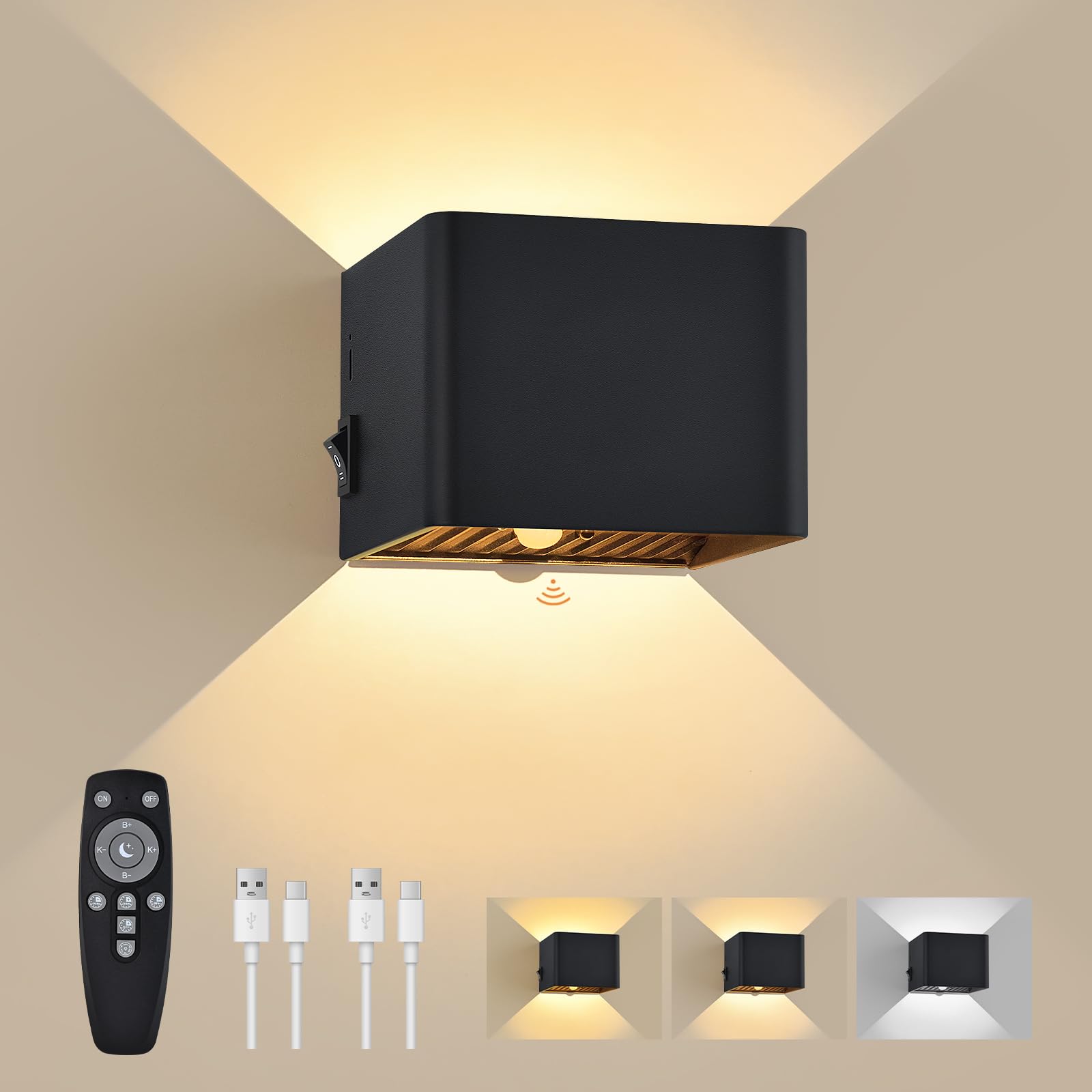 GeyouLux 6000mAh Akku Wandleuchte Innen mit Bewegungsmelder, Wandlampe mit Fernbedienung, 3 Modi 2700K-6500K Dimmbar Timer Moderne LED Aufladbare Wandleuchte Innen für Treppe Flur Schlafzimmer 1 Stück