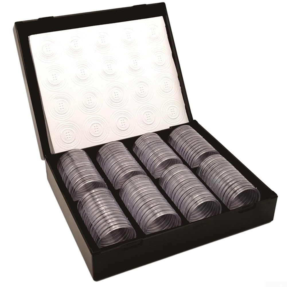 96 stuks 46 mm muntcapsules, muntenopslag met schuimrubberen afdichting en kunststof opbergdoos, 6 maten (20/25/27/30/38/46 mm) muntenverzamelhouder voor muntenverzamelbenodigdheden (zwarte capsule