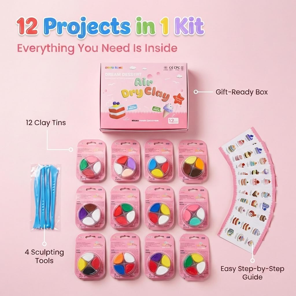 Air Dry Clay for Kids - 12 Dream Dessert Designs Modeling Clay Kit - Model Sculpting Set, Ultra Soft Safe & Non-Sticky | DIY Crafts, School Projects & Party Favors for Boys & Girls