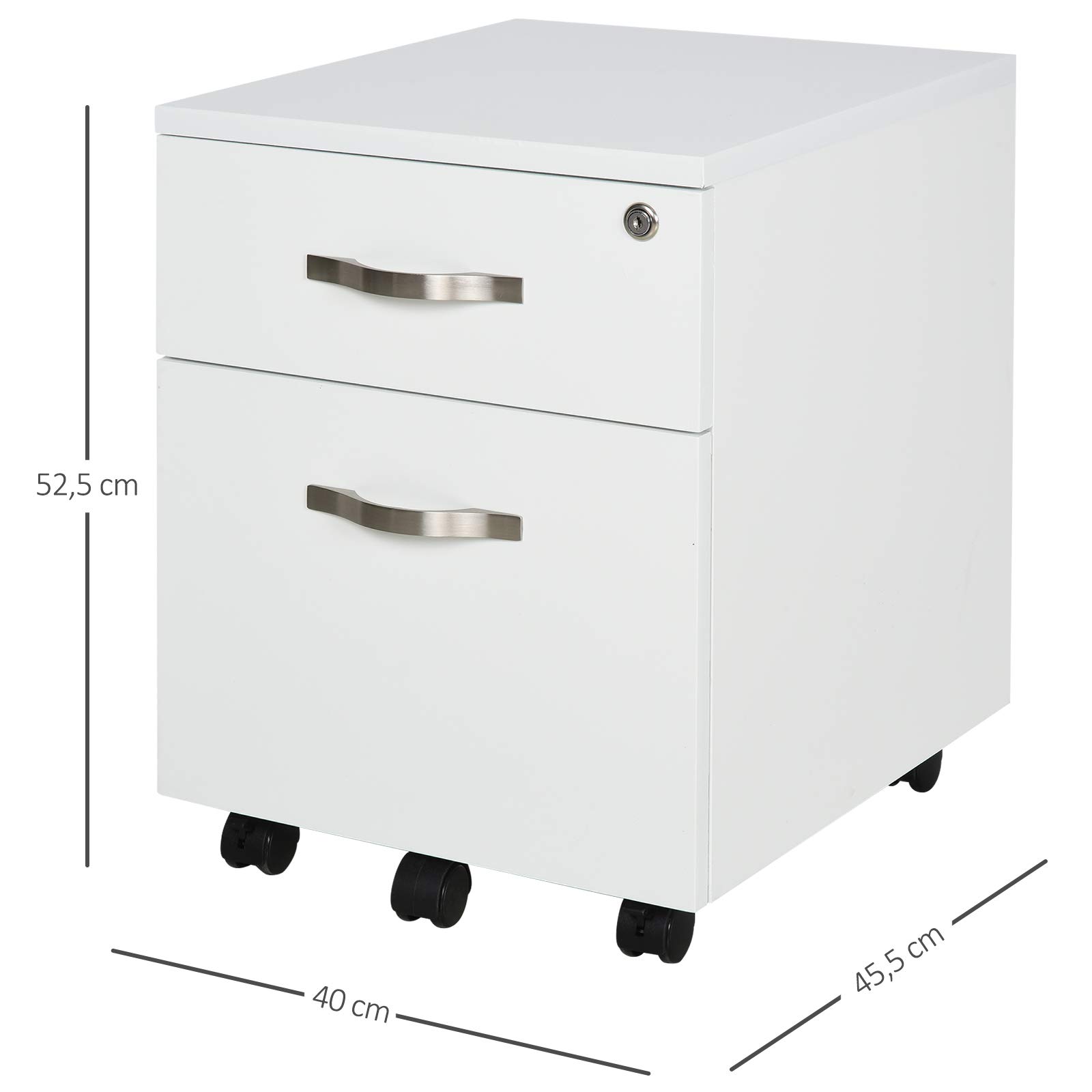 HOMCOM Cajonera de Oficina con Reudas Mueble Archivador con 2 Cajones Llave y Riel Colgante Armario para Oficina Estudio Diseño Moderno 40x45,5x52,5 cm Blanco