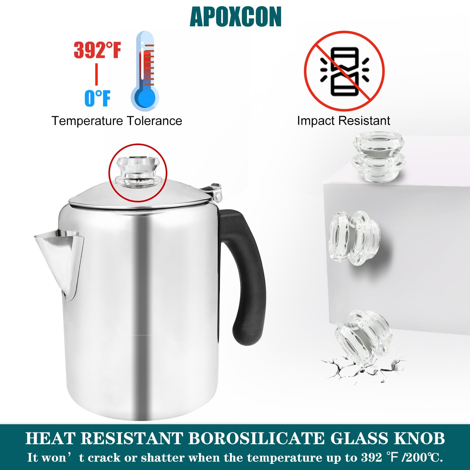 APOXCON Coffee Percolator Pot Stainless Steel Coffee Maker with Heat Resistant Tough Glass Knob Camping Coffee Pot Using on any Stovetop Silver 8 Cup - Image 4