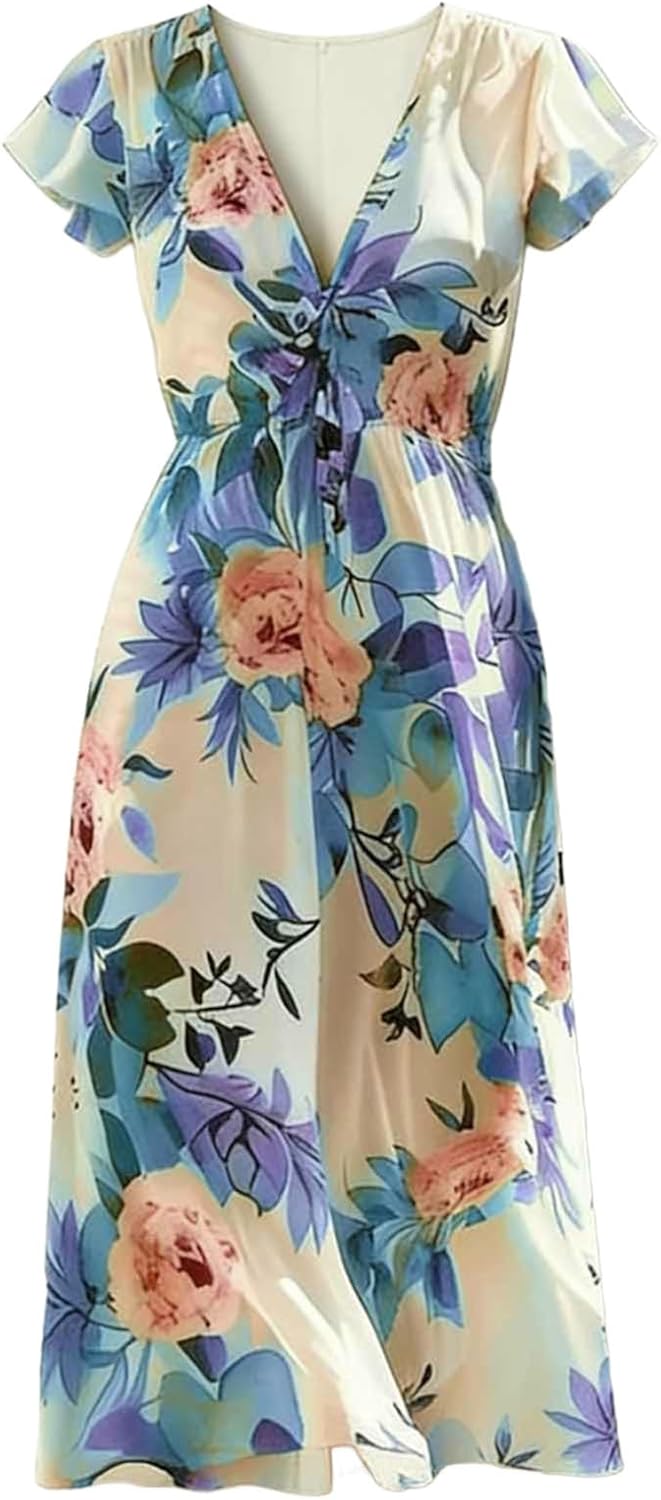 Womens Boho Floral Printed Chiffon Dresses Elegant V Neck Short Sleeve Summer Wedding Prom Cocktail Midi Dresses