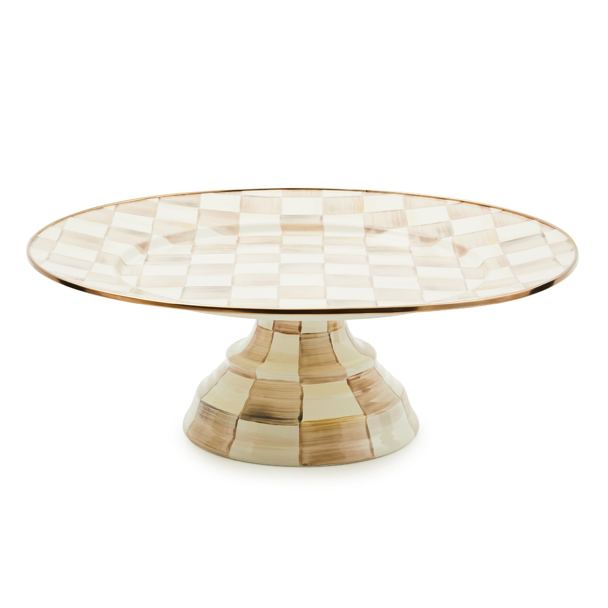 MACKENZIE-CHILDS Enamel Pedestal Platter, Round Cake Stand, Mini, Brown-and-White Mocha Check