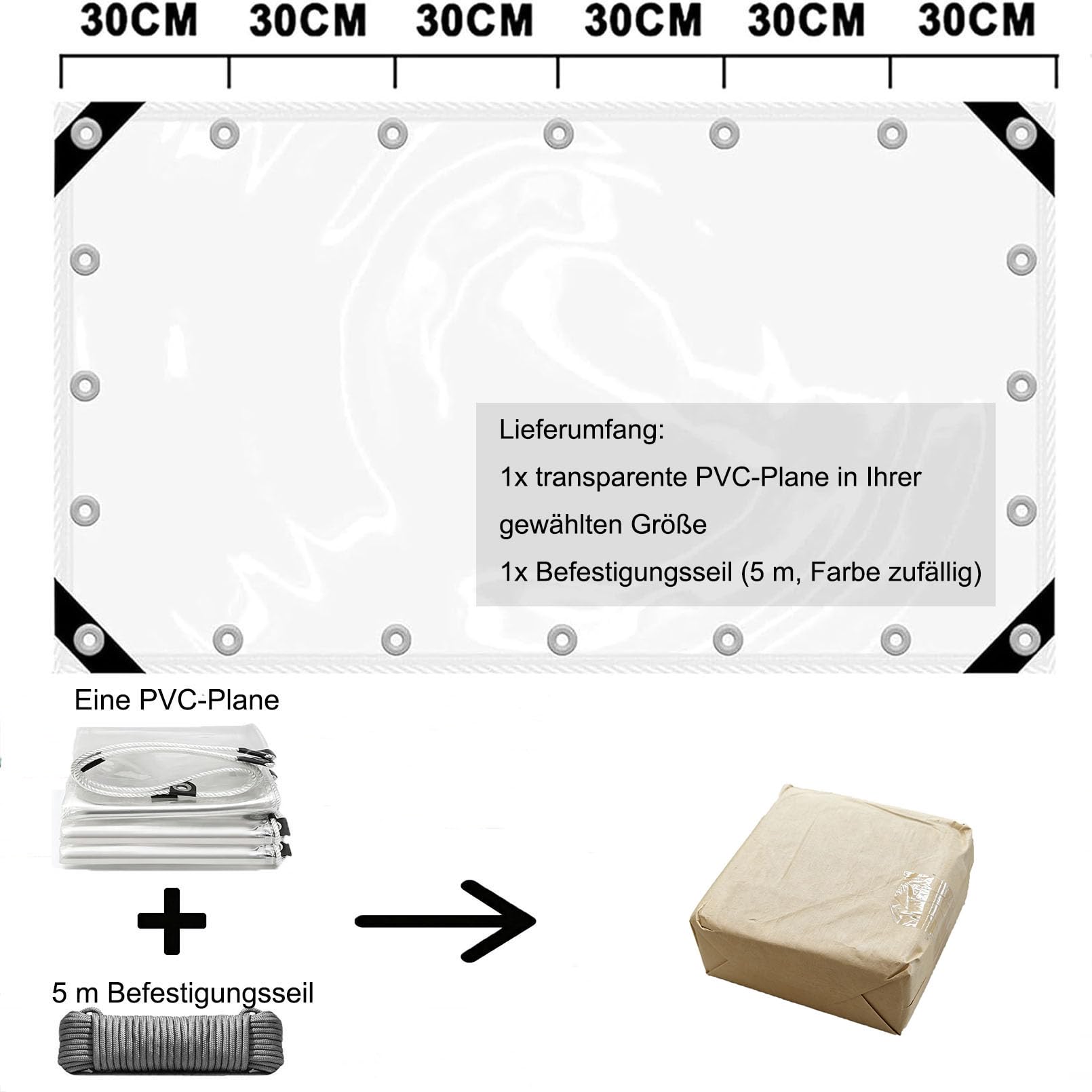 Telo in PVC trasparente con occhielli, telone 420g/m² resistente, 1.5x3m | 0,35mm telo resistente alle intemperie, 30cm distanza occhielli‑antistrappo, protezione trasparente per terrazze, giardini