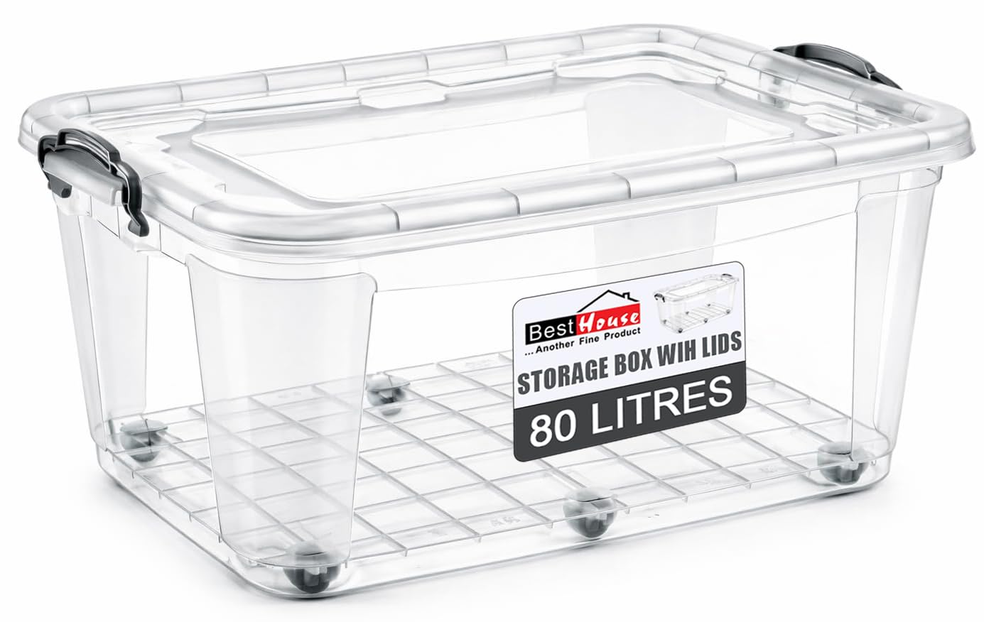 BH | Plastic Storage Box with Lids and Wheels | LARGE Size | 80L (L:63.5cm W:40.5cm H:33.5cm) | Set of 1 | Stackable Clear Durable Multipurpose Office Toys Home Tools Crafts Household - by Best House โ image 1