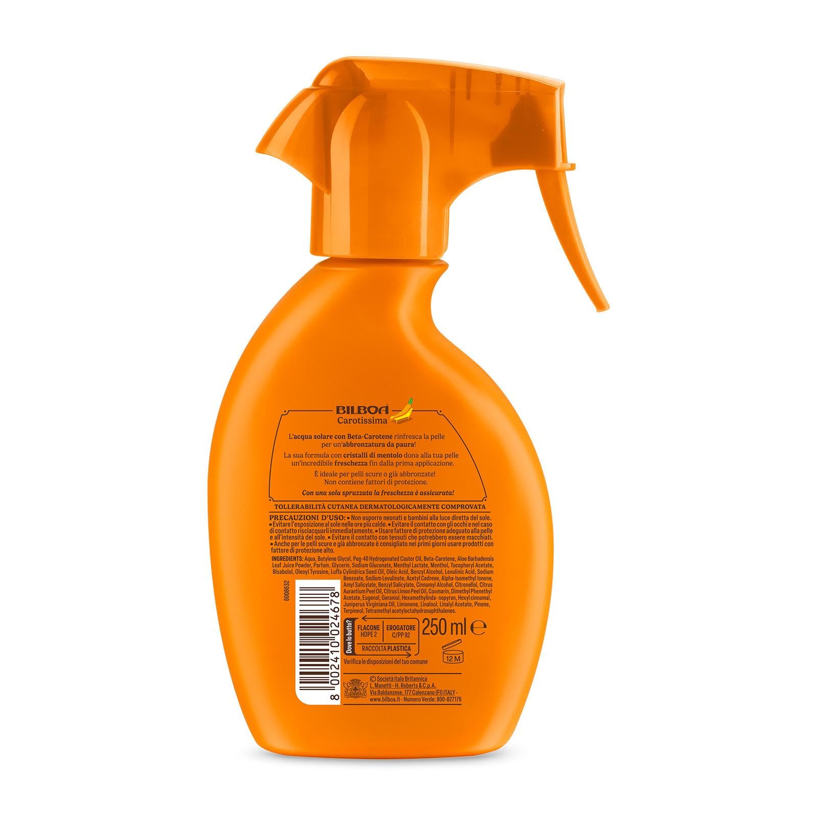 Bilboa, Carotissima, Acqua Solare con Beta‑Carotene, Spray Rinfrescante con Cristalli di Mentolo, Esalta la Tintarella e Dona Freschezza Immediata, Ideale Durante l'Esposizione al Sole, 200 ml