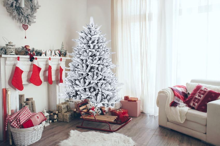 Image of fizzytech 6 Feet Premium PE & PVC Snow Flocked Christmas Tree with 1427 Branch Tips, Sturdy Metal Stand, Easy Assembly, Realistic Pine Design, Perfect Christmas Decoration for Home & Office