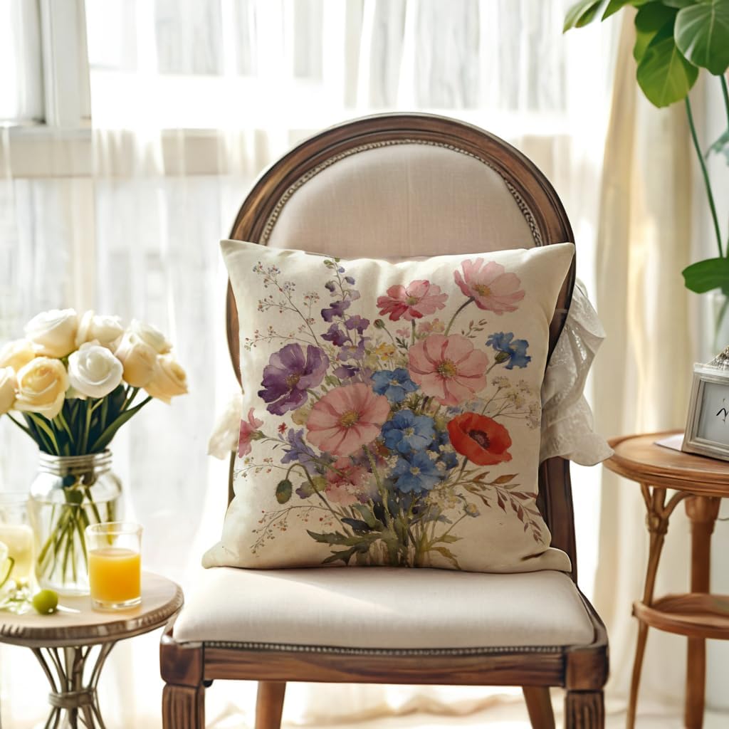 Watercolor Flower Pillow Covers 18x18 Inch,Set of 4 Vintage Wildflower Floral Bouquet Cushion Cover Spring Farmhouse Home Decor Flower Pillowcases for Sofa Patio Bed (Pink/Purple) - Image 2