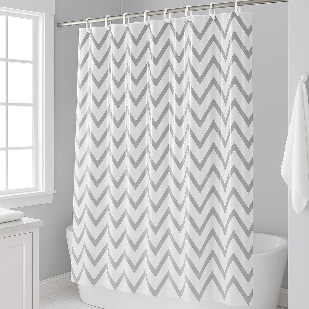 Adore Home Printed Shower Curtains Modern Designs 12 Ring Hooks 180x180cm, Chevron Waves Grey