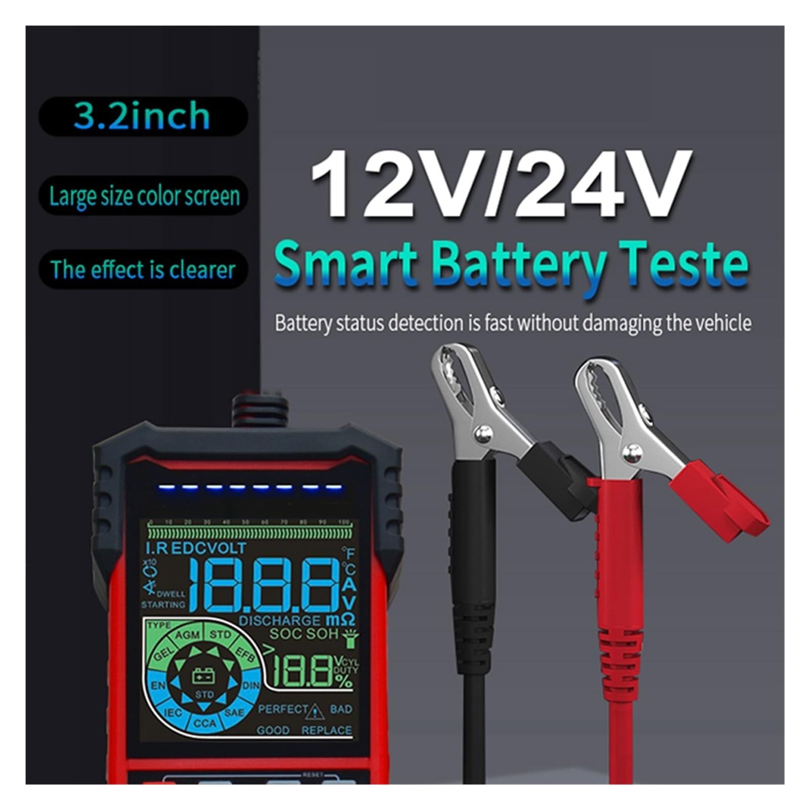 Smart Auto Battery Tester 12V/24V Riconoscimento Automatico Test della Batteria Avvia Test Test di Carico Rilevatore di Batterie for Autoveicoli (Color : ET2201)
