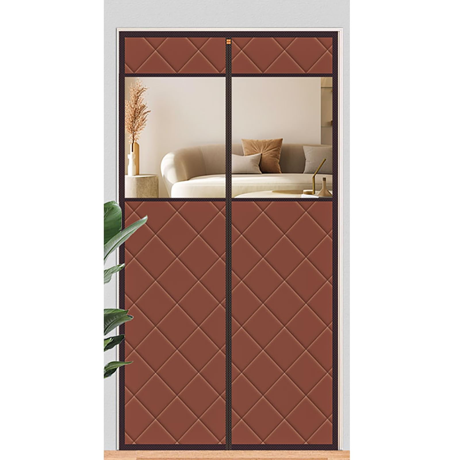 FLYIODFCXV Door curtain, Magnetic Doorway Curtain, Cold-proof and Warm, Thickened with Cotton, with Visual Window, Strong and Durable(Brown,95 * 210cm/37.4 * 82.6in)