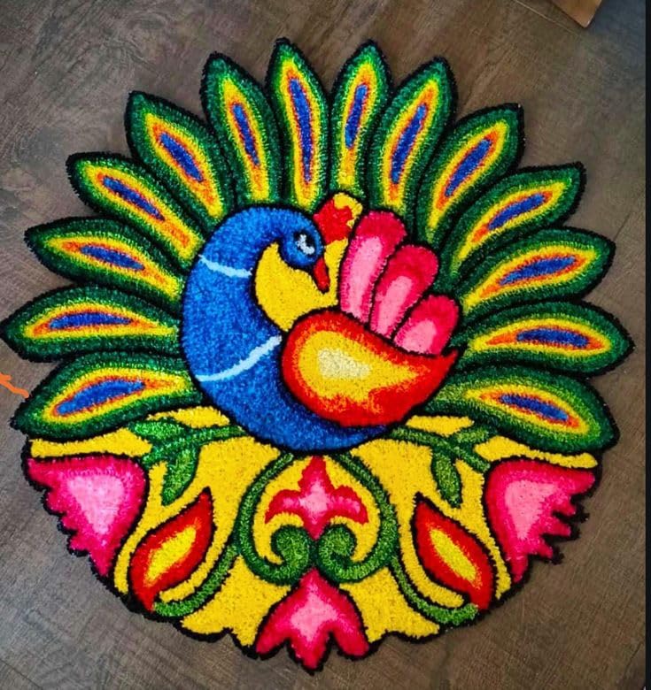 Decorative Peacock Rangoli Mat, Handmade Floor Art, Multicolour-image-5