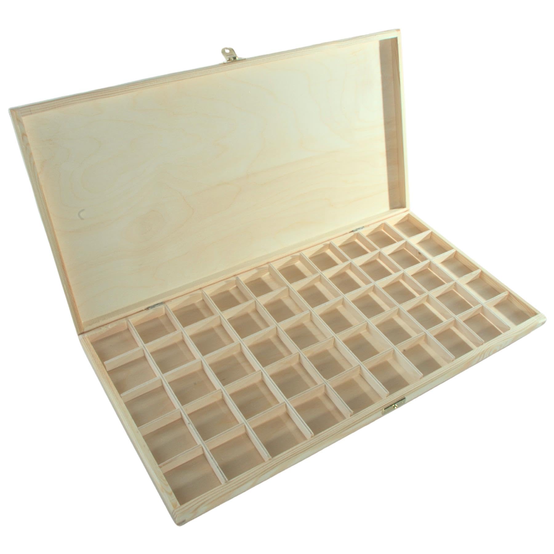 Woodeedoo Natural Wooden Jewellery Storage Box With Clasp And Removable Divider - 50 Compartments - Gemstone Display Tray Unfinished Pine Case Collectables Crystals Mini Items - 47 X 24.5 X 3 Cm