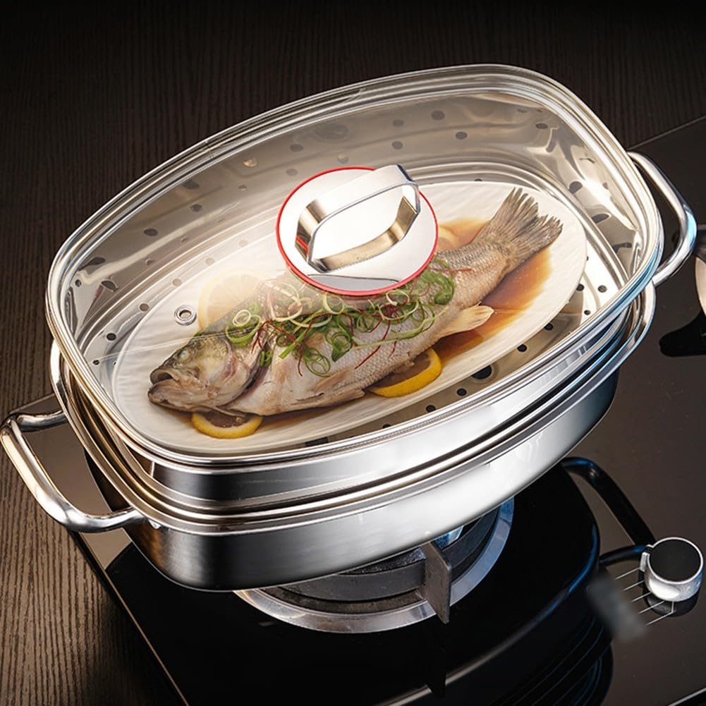 Tegame Ovale per Cottura a Vapore di Pesce Intero in Acciaio 304 - Set Completo con Griglia Guanti e Pinze 42x26cm