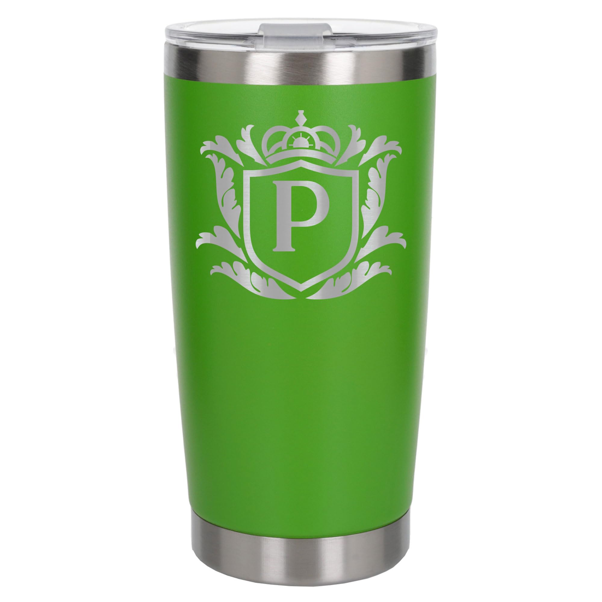 Customised Gifts 500ml Engraved Shield Initial Monogram Insulated Personalised Green Travel Mug for Men and Women - Personalised Initial Coffee Travel Mug for Hot and Cold Beverages, Letter P