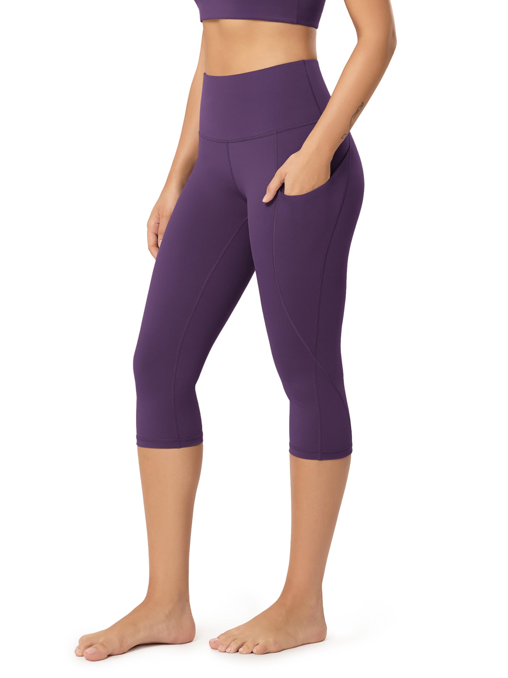 ODODOS Women's High Waisted Yoga Capris with Pockets, Tummy Control Non See Through Workout Athletic Running Capri Leggings