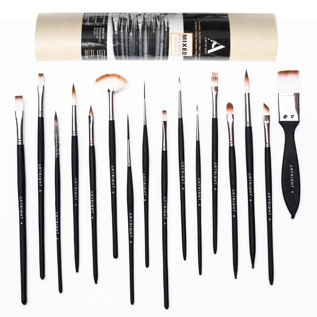 Assorted Paint Brushes Set Combo - Handmade Professional Artist Painting Brush Set for Acrylic, Oil & Gouache Painting (15 Piece + 1 Free mop Paintbrush Wood Synthetic Bristle)