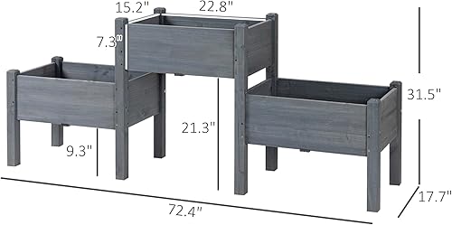 Miniatura 7 de Outsunny Cama de Jardín Elevada con 3 Jardineras, Soporte de Plantas de Madera con Orificios de Drenaje, para Verduras, Hierbas y Flores, Gris