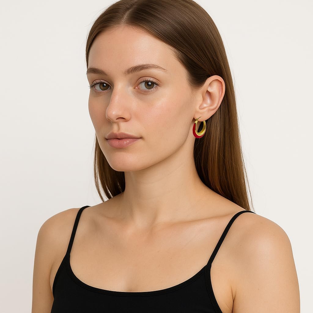 Enamel Hoop Earrings for Women Colorful Enamel Chunky Hoop Earrings 18K Gold Plated Brass Earrings Jewelry Gift for Girlfriend Wife - Image 2