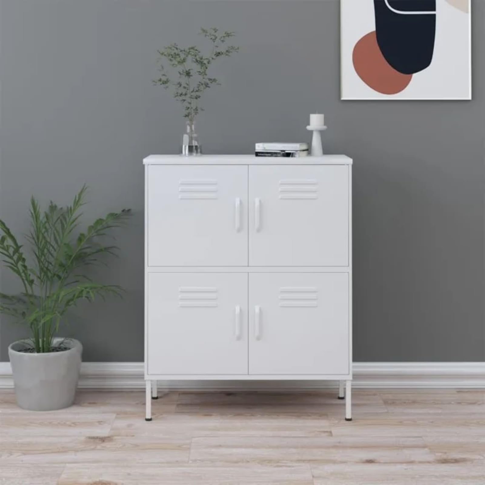 Armadio in acciaio bianco, 80 x 35 x 101,5 cm, con 4 ante, 2 ripiani regolabili e piedini di livellamento, armadio salvaspazio per multimediali, libri e casa
