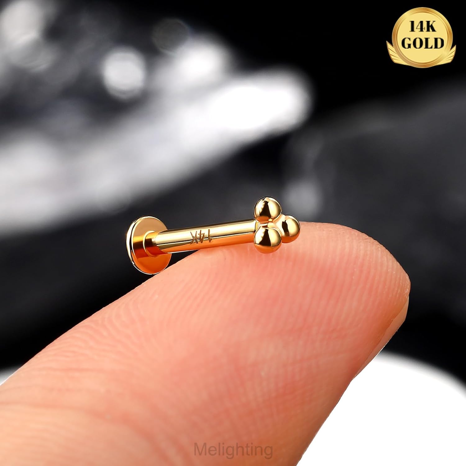 Melighting 14K Solid Gold Cartilage Earring - Internally Threaded 16G Flat Back Stud Earring - Gold Helix Piercing Jewelry - 8mm