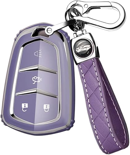 ontto Funda para llave de automóvil Cadillac de 4 botones, piel de TPU suave con borde plateado para Escalade CTS SRX XT5 ATS brillante a distancia