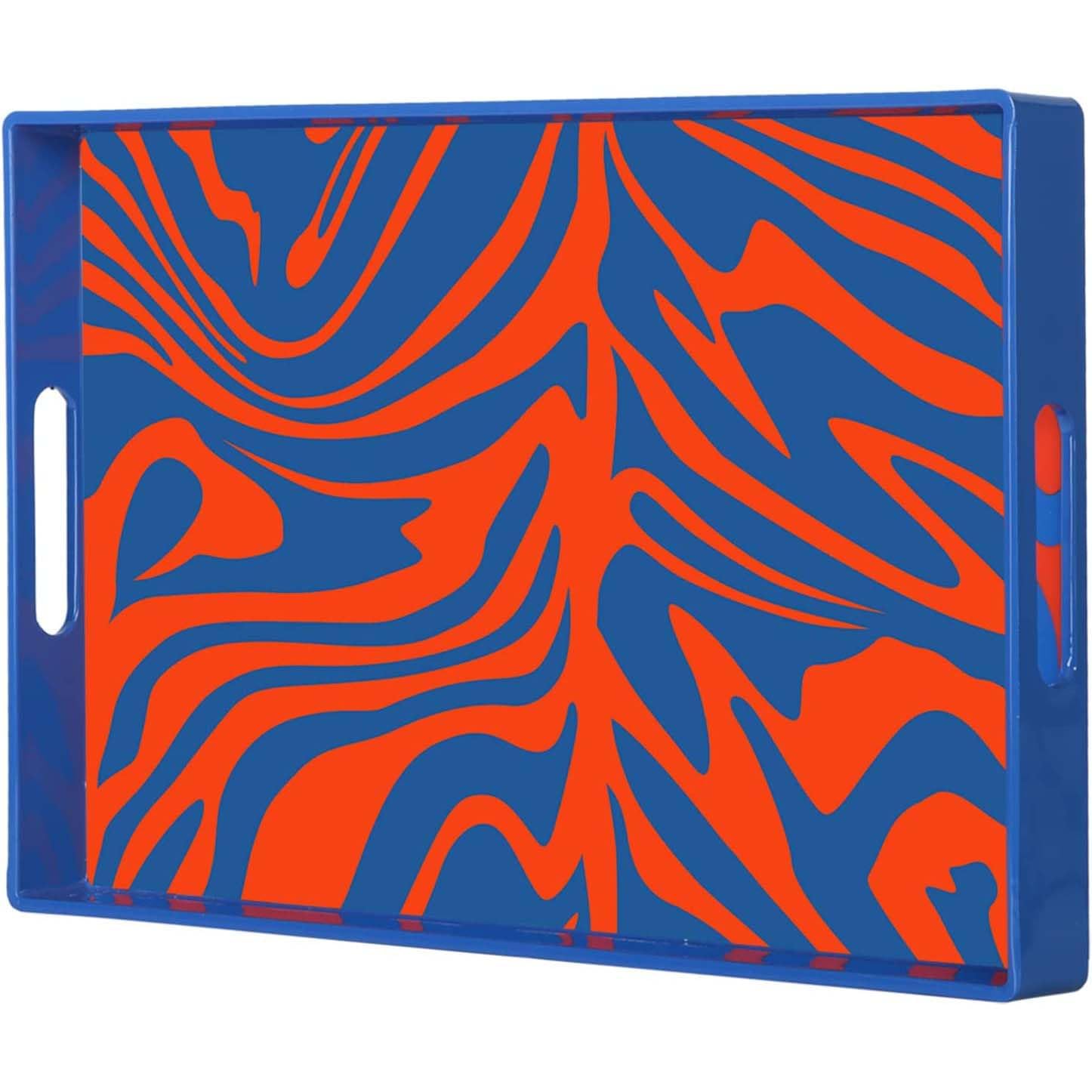Simmer Stone Decorative Tray, Marbling Plastic With Handles, Rectangular Vanity And Serving For Bathroom, Kitchen, Ottoman And Coffee Table, 15.6” x 10.2” (Blue orange ripple)