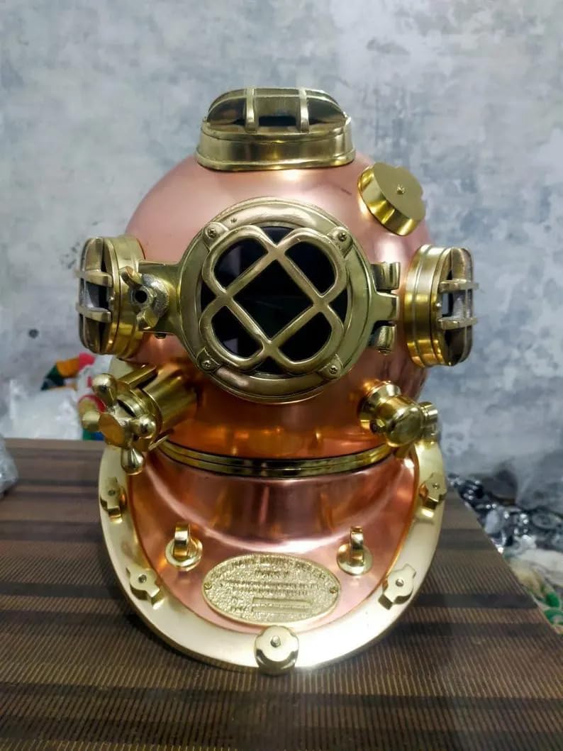 18" Mark V US Navy Diving Helmet Replica: Antique Brass Finish, Maritime Collectible: Copper and Brass Diving Helmet, Nautical Diver's Helmet Replica.