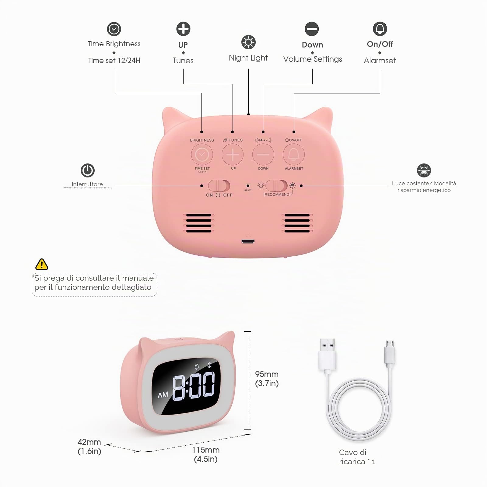 mizikuu Sveglia Bambini da Comodino, Sveglia Digitale con Led Numeri Grandi, 0-100% Dimmer, 18 suonerie, 2 Allarmi, 12/24H, Snooze, Porta di Ricarica USB