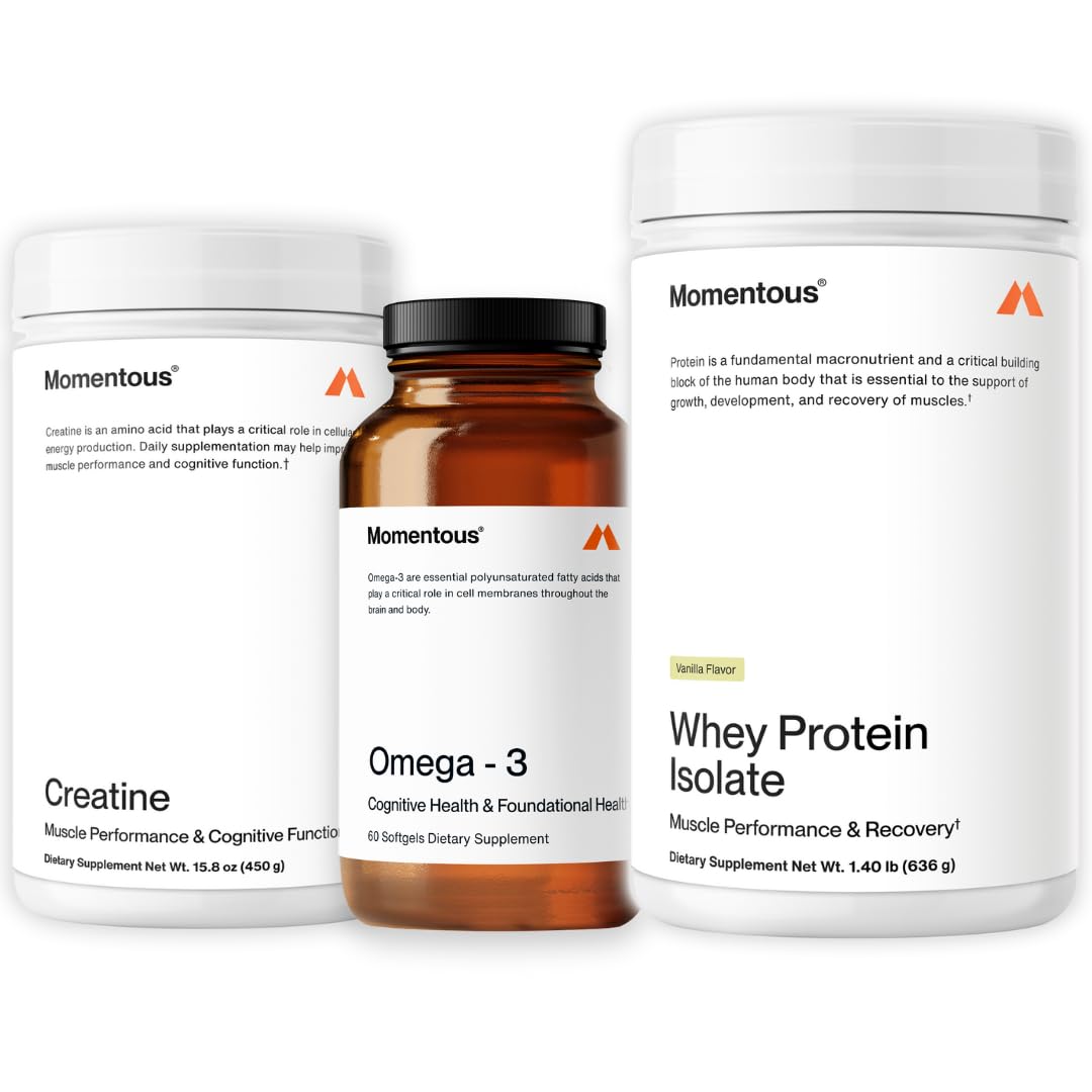 MomentousThe Three: Creatine Monohydrate Powder, Essential Grass-Fed Whey Protein Powder (Vanilla) & Omega-3 Fish Oil 1,600mg - Daily Essentials Supports Strength & Lean Muscle Recovery