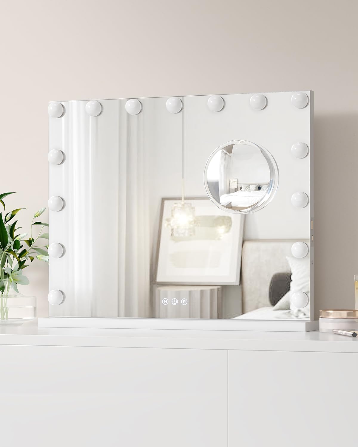 Cinema Vanity Mirror with Lights – 23x18 Inch, 15 Dimmable LED Bulbs, 3 Color Modes, 3X Magnification, Touch Control, USB & Type-C Charging, Tabletop/Wall Mount, White