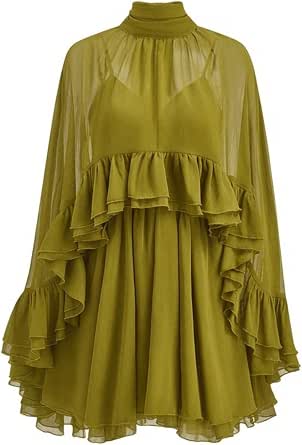 Women's Semi-Sheer Chiffon Ruffle Dress with Detachable Cape